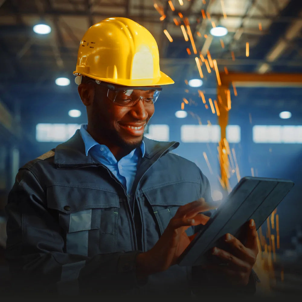 Medewerker in werkkleding gebruikt Yellowcart Enterprise op een tablet om zijn werkkledij, werkschoenen en PBM te bestellen in een industriële omgeving.